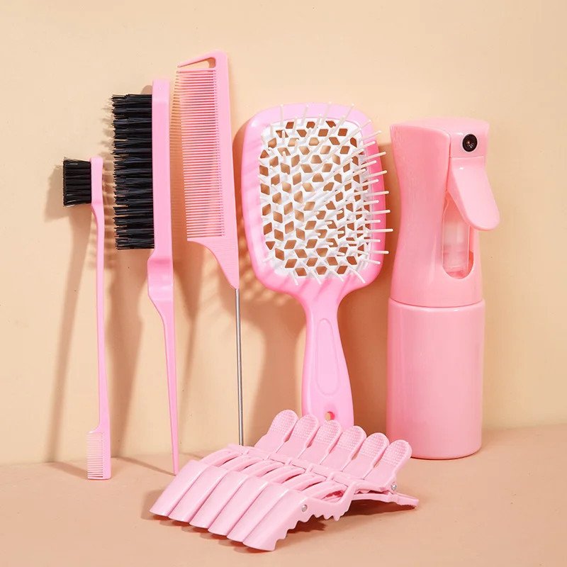 11-Piece Hair Styling Kit - Detangling & Anti-Static Combs Edge Brush Scalp Massager Clips & Spray Bottle Hairdressing Tools