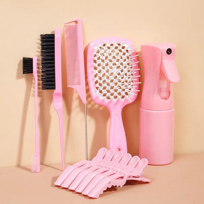 11-Piece Hair Styling Kit - Detangling & Anti-Static Combs Edge Brush Scalp Massager Clips & Spray Bottle Hairdressing Tools