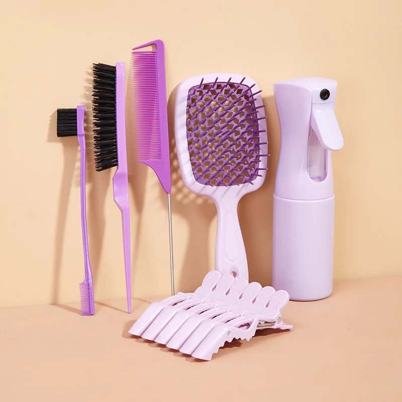 11-Piece Hair Styling Kit - Detangling & Anti-Static Combs Edge Brush Scalp Massager Clips & Spray Bottle Hairdressing Tools