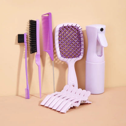11-Piece Hair Styling Kit - Detangling & Anti-Static Combs Edge Brush Scalp Massager Clips & Spray Bottle Hairdressing Tools
