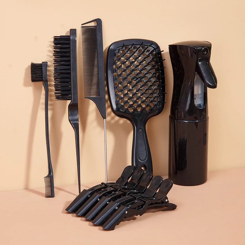 11-Piece Hair Styling Kit - Detangling & Anti-Static Combs Edge Brush Scalp Massager Clips & Spray Bottle Hairdressing Tools